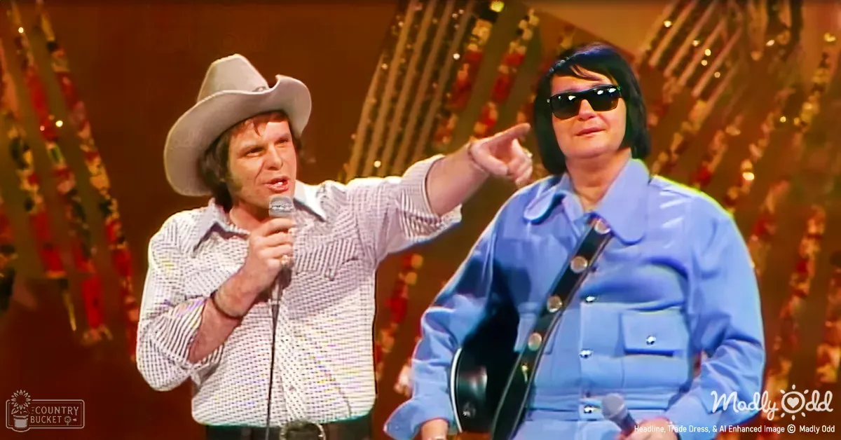 Adult male singer wearing a white and black checkered shirt, holding a microphone; another adult male performer in a light blue jacket with dark sunglasses, holding an electric guitar on stage.