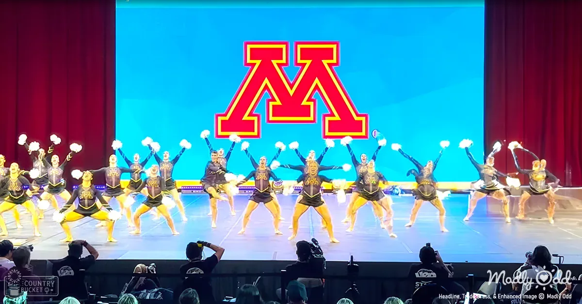 A cheerleading team performing at an indoor event in Minnesota.