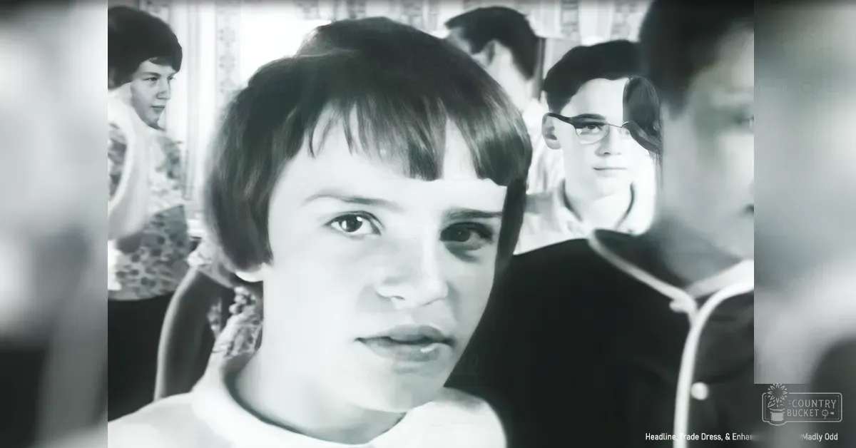 A child in a white top with a collar, surrounded by adults in an indoor setting; black-and-white image