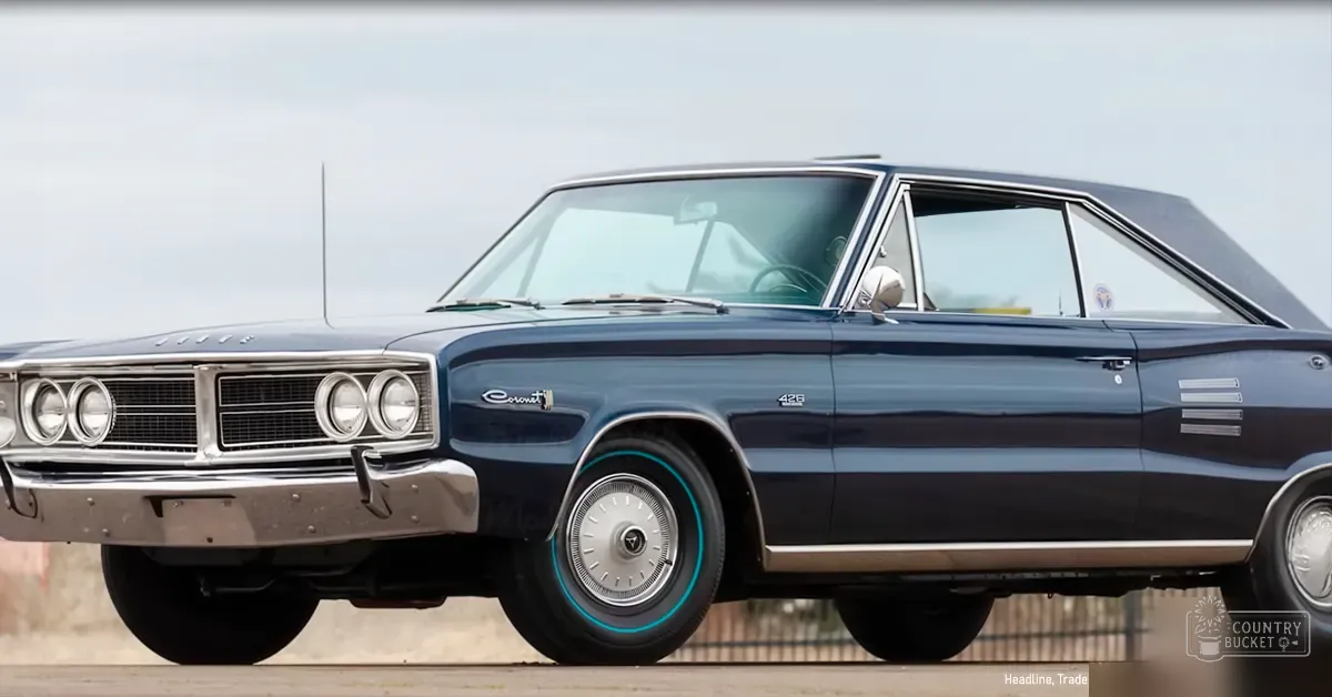 An old-fashioned black and silver Dodge Coronet with chrome details, parked outdoors under a clear sky, possibly late afternoon.