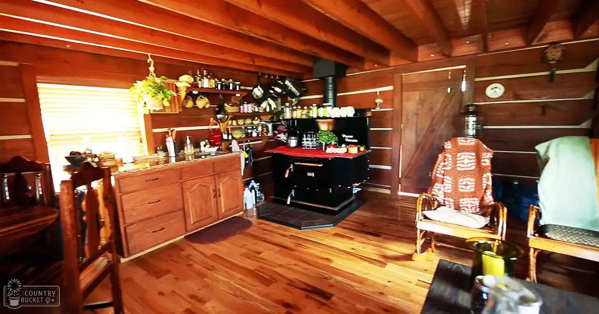 A rustic cabin interior with wooden cabinets, a black stove or oven, shelves with kitchen items, hanging plants, and a patterned cushion on a wooden chair. The setting suggests daytime in a log cabin.