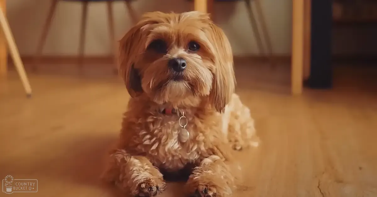 A Shih Tzu or similar breed small dog with light brown fur indoors, wooden floor, and natural daylight.