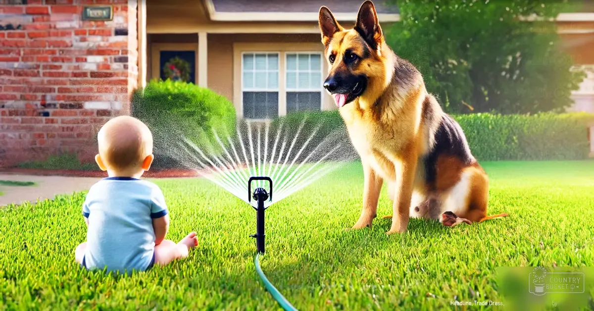 A German Shepherd dog stands near a baby in a light blue onesie sitting on the grass of a suburban backyard with lush greenery and a sprinkler system spraying water.