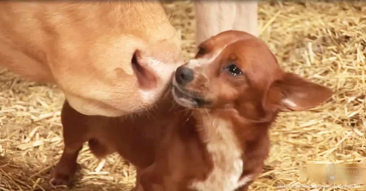 Two small brown puppies, likely Dachshunds, interacting on a bed of straw or hay in an indoor barn or stable environment with soft artificial lighting.