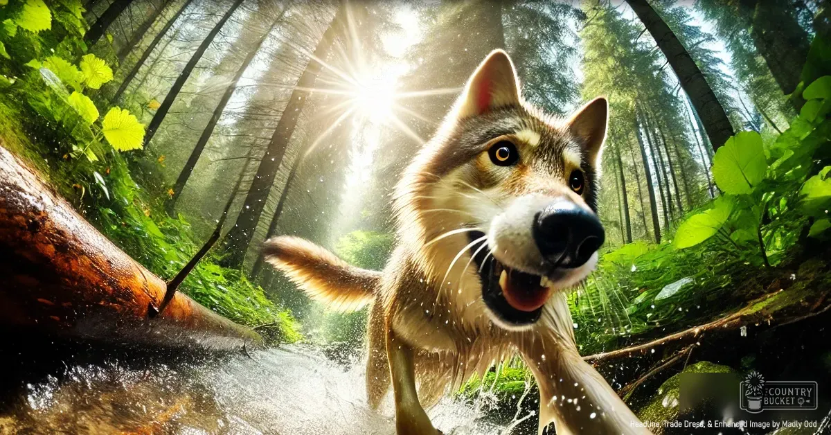 A lone adult wolf with a light brown coat and darker markings in a lush forest setting during daytime spring or summer.