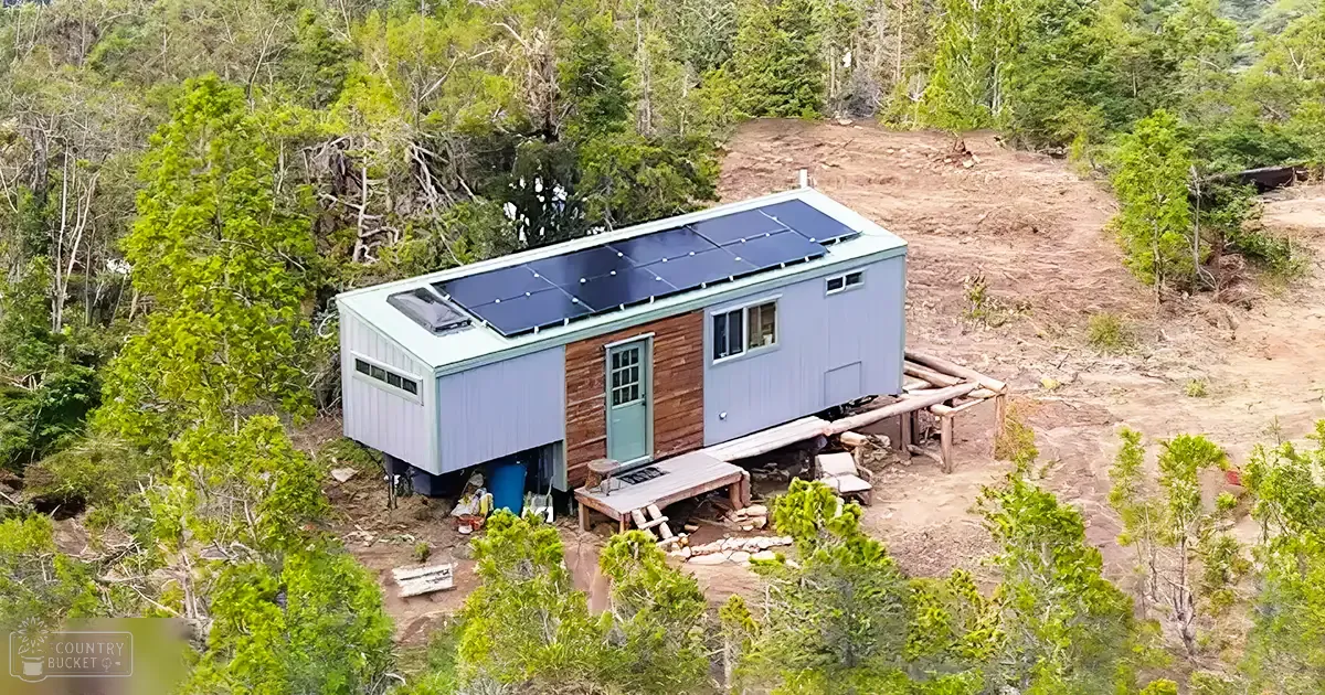 A small forested house with solar panels on its roof, elevated on stilts in a green forest setting during spring or summer midday light.