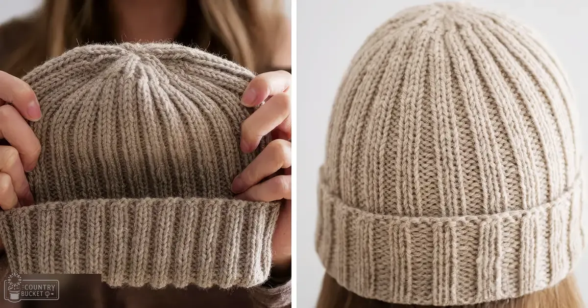 A beige knitted beanie hat with a ribbed texture is worn by an adult female in an indoor setting against a plain white background.
