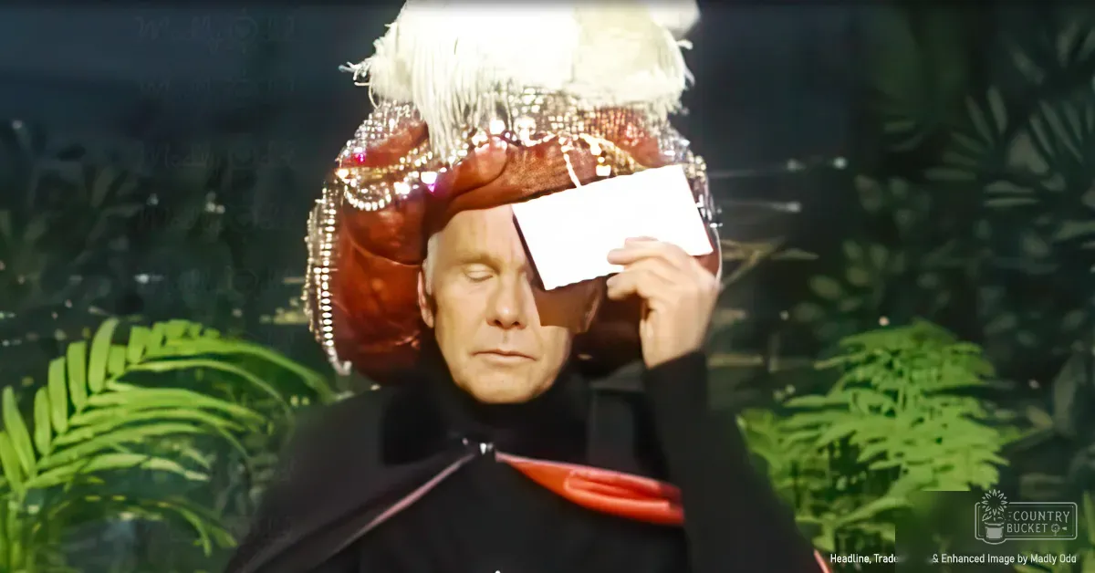 Middle-aged adult male wearing a black cape with red accents, holding a white card near his face indoors with tropical greenery visible in the background.