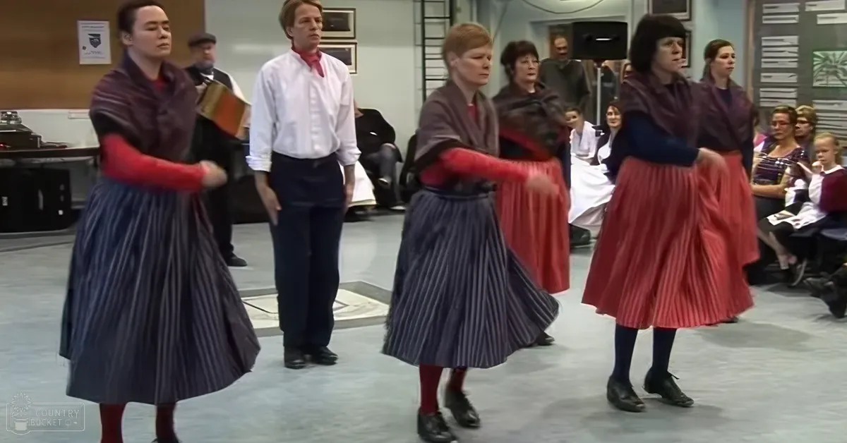 Group dance performance in an indoor setting with adults wearing maroon shawls and dark pleated skirts, natural daylight illuminating the scene.