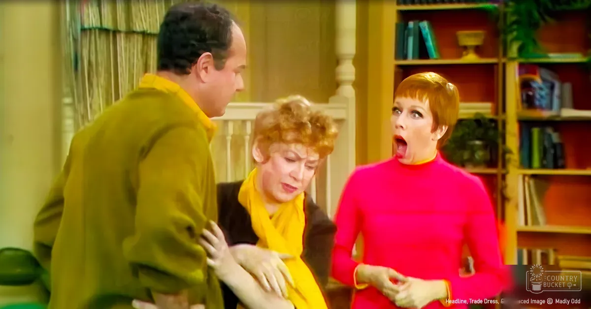 A cozy indoor setting with bookshelves, a wooden chair, and individuals wearing vintage clothing suggesting a mid-20th century theme.