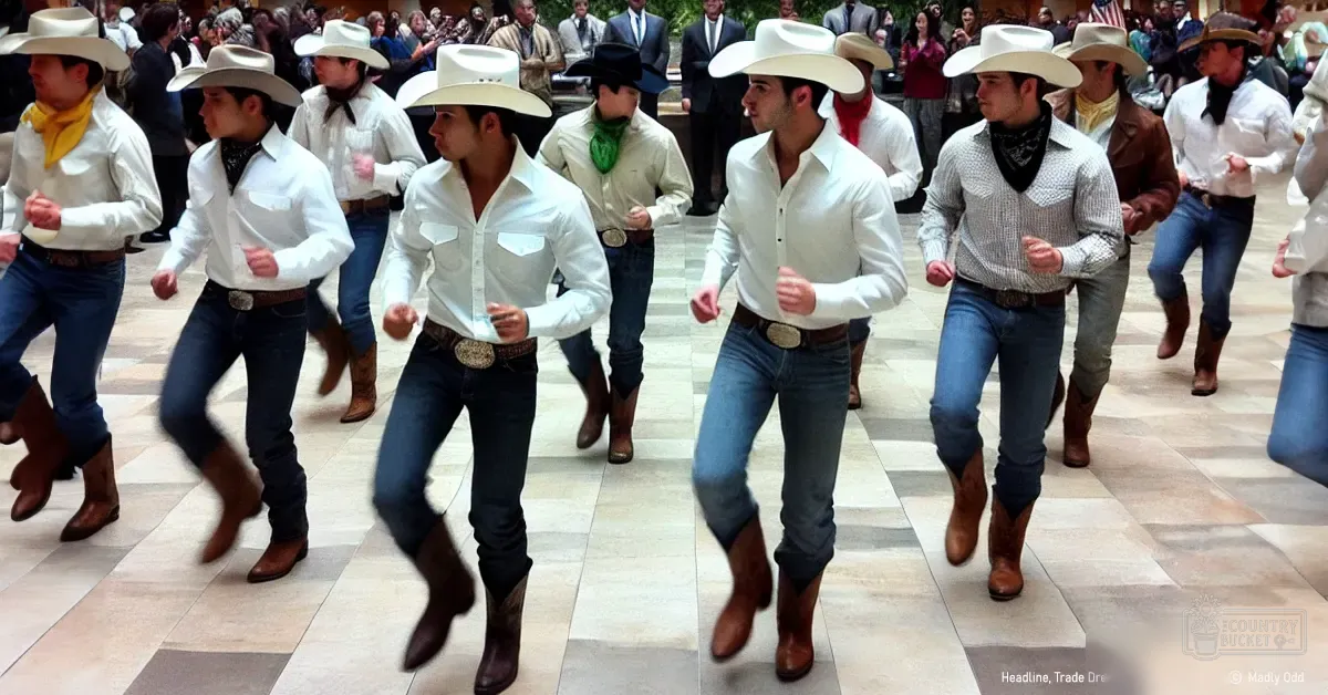A group of young male adults performing a traditional dance at an indoor cultural or social event setting with spectators dressed formally.