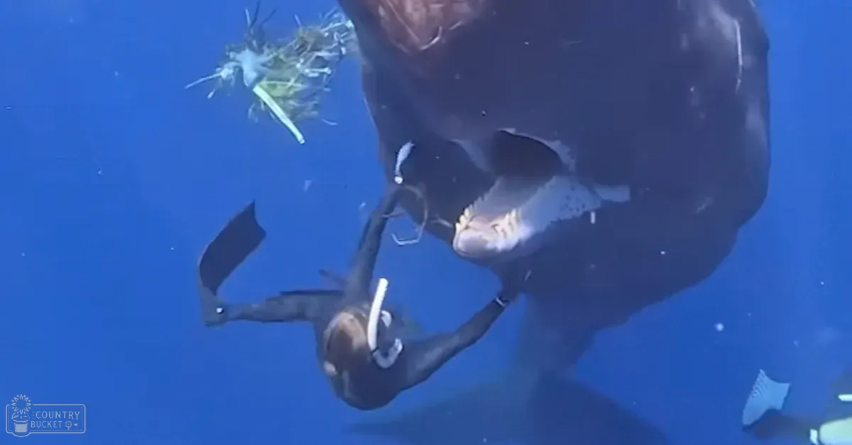 An adult male diver wearing a wetsuit interacts underwater with an adult great white shark in clear blue water, likely during daytime.