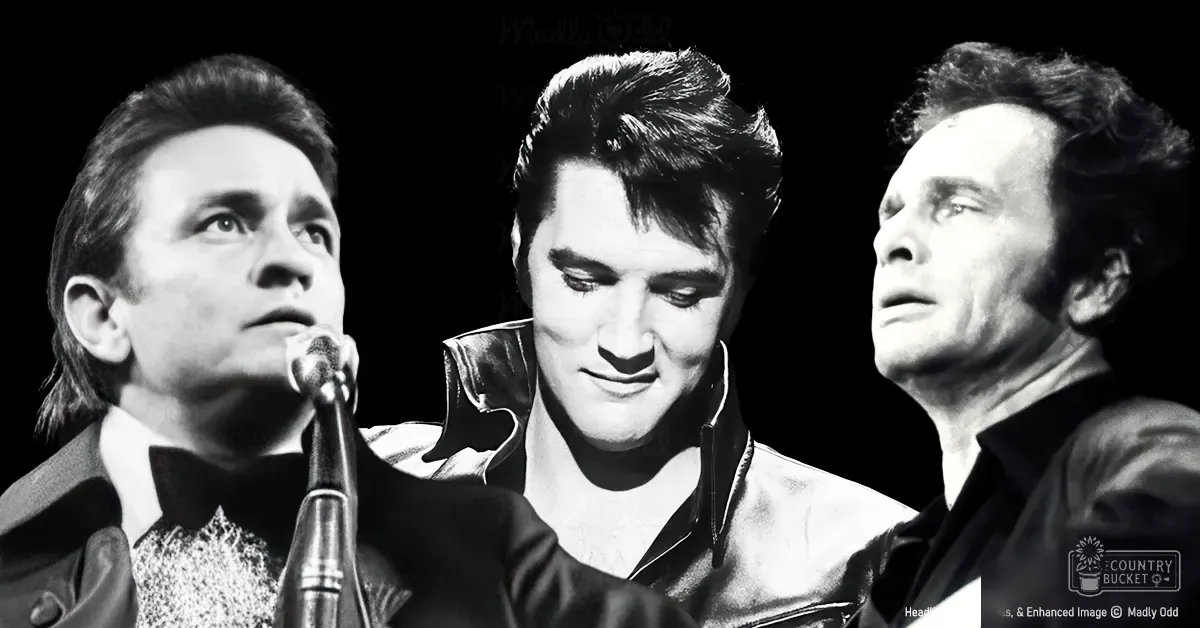 Three adult male performers dressed in mid-20th century fashion on a dimly lit stage, possibly from the 1960s or early 1970s.