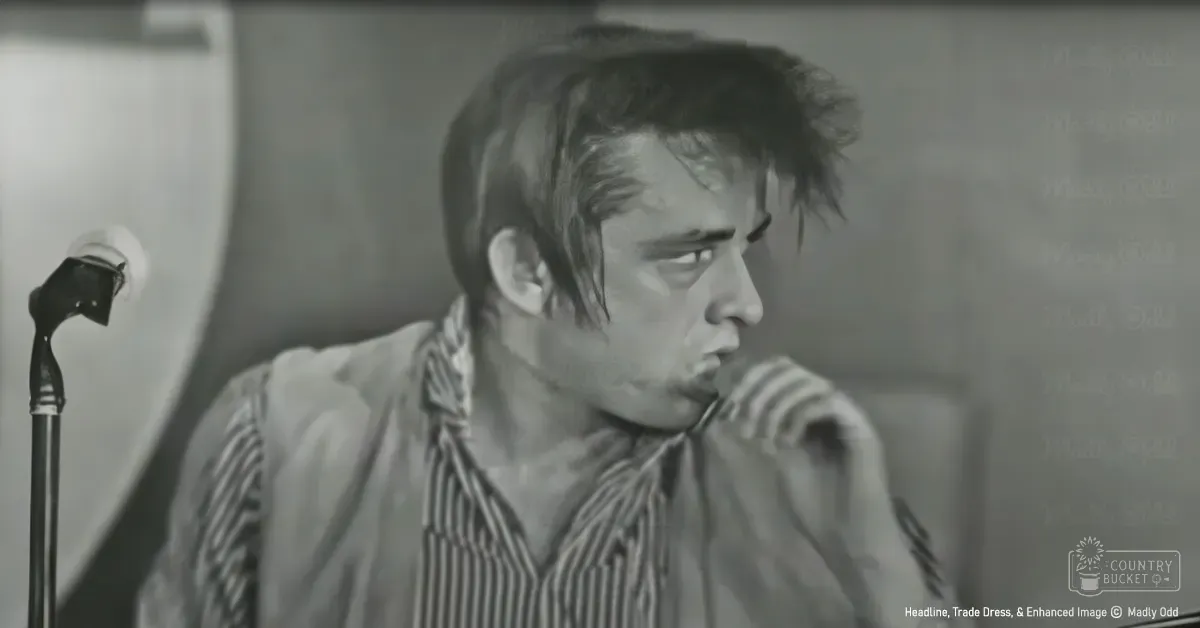 Young adult male in a relaxed, loose-fitting striped shirt with long sleeves; setting appears to be an indoor performance or rehearsal area with a vintage microphone and backdrop text.