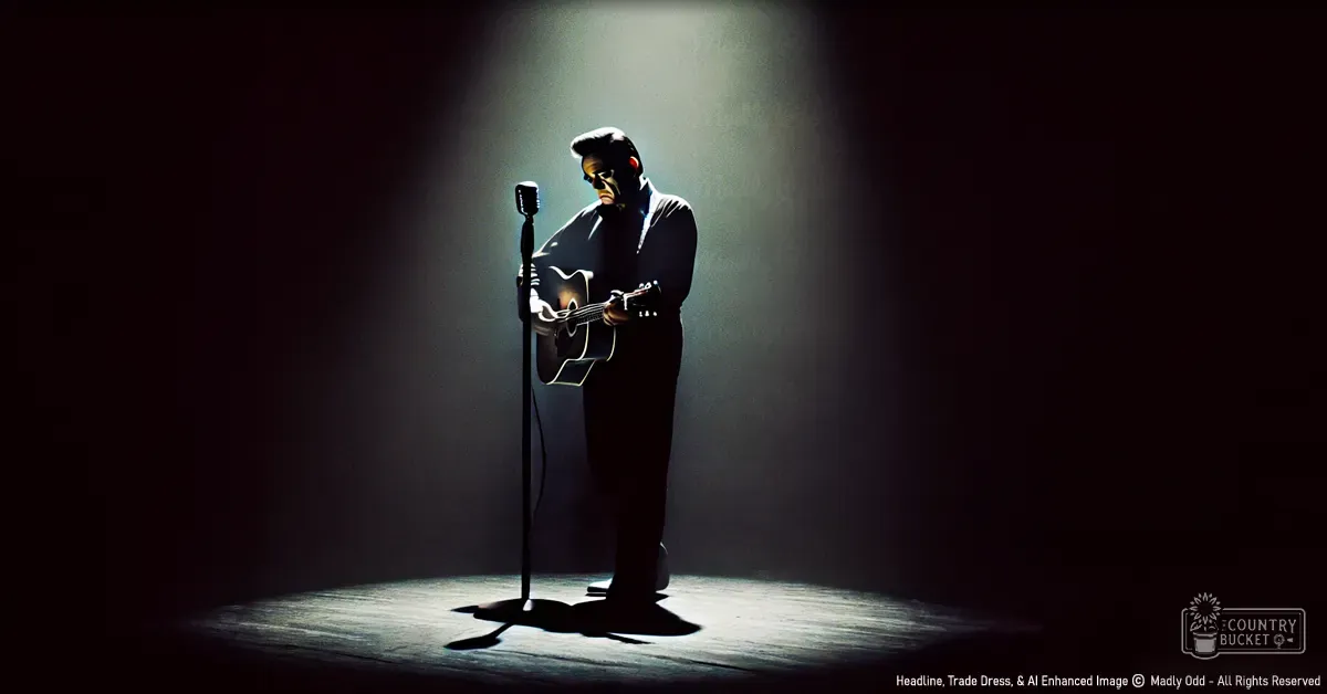 Adult male performer on stage with spotlight, dark suit and white shirt, acoustic guitar held, dramatic lighting, 'Madly Odd' text visible.