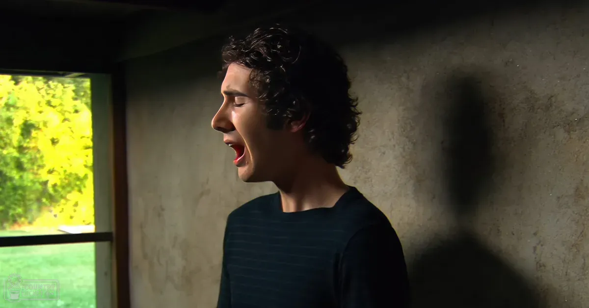 A young adult male wearing a dark blue, relaxed-fit, long-sleeved shirt with thin white stripes and rounded neckline, set against an indoor room with concrete walls and visible green foliage outside.