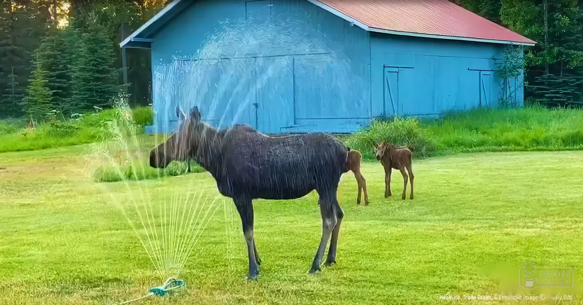 A large adult moose with its calf in a rural field, sprinklers spraying water nearby, blue barn with red roof in background.