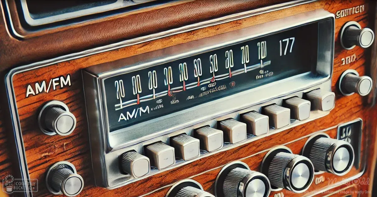 An old-fashioned car radio with a wooden panel design, displaying frequencies from 20 to 177 inside a vehicle during daytime.