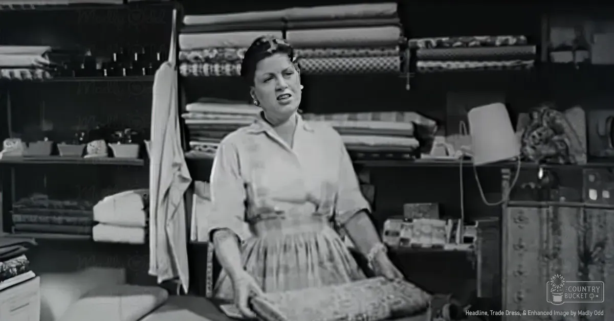 A middle-aged woman wearing a classic 1950s-style blouse and full skirt in what appears to be a fabric store or workshop, surrounded by shelves stocked with bolts of fabric and rolls of material.