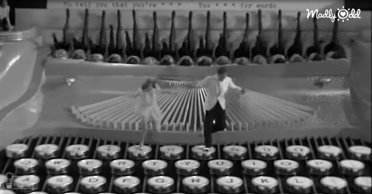 A vintage typewriter scene in an office setting with a young adult female wearing a white ballet dress, high-necked and long-sleeved, styled updo hair, and even lighting suggesting daytime or artificial light.