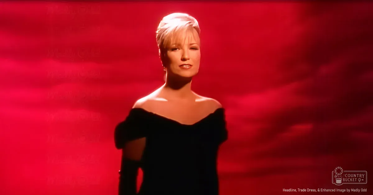A young adult female wearing a form-fitting off-the-shoulder black dress with flared sleeves, set against a dramatic red gradient background.