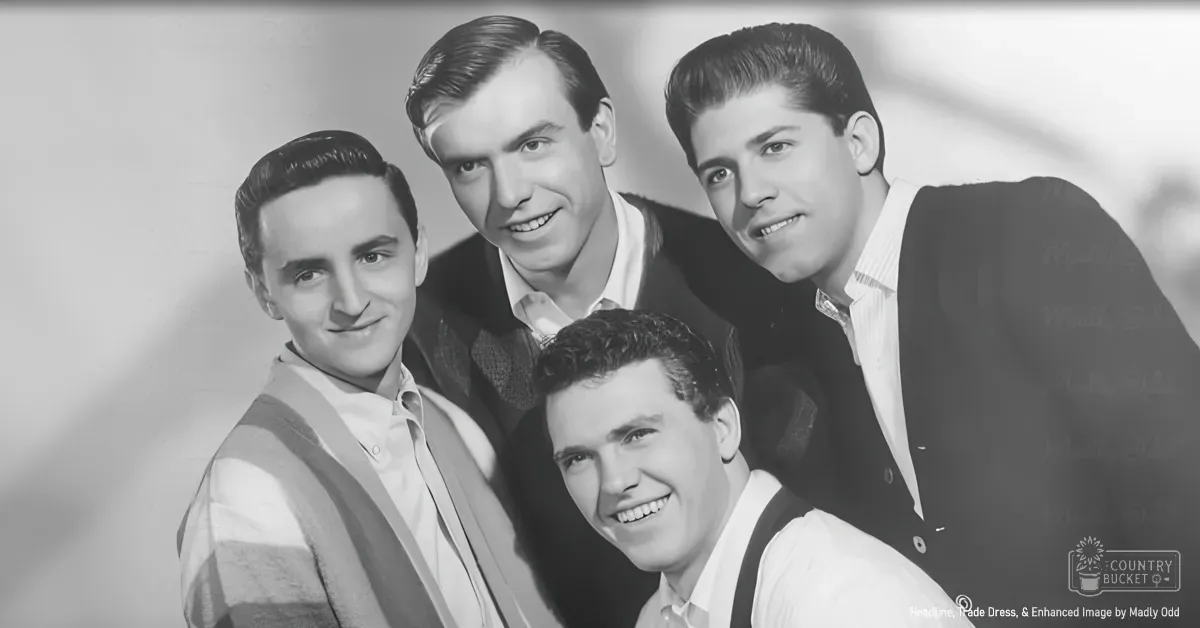Group photo mid-20th century, young adult males in studio setting with light-colored shirts and dark vests.