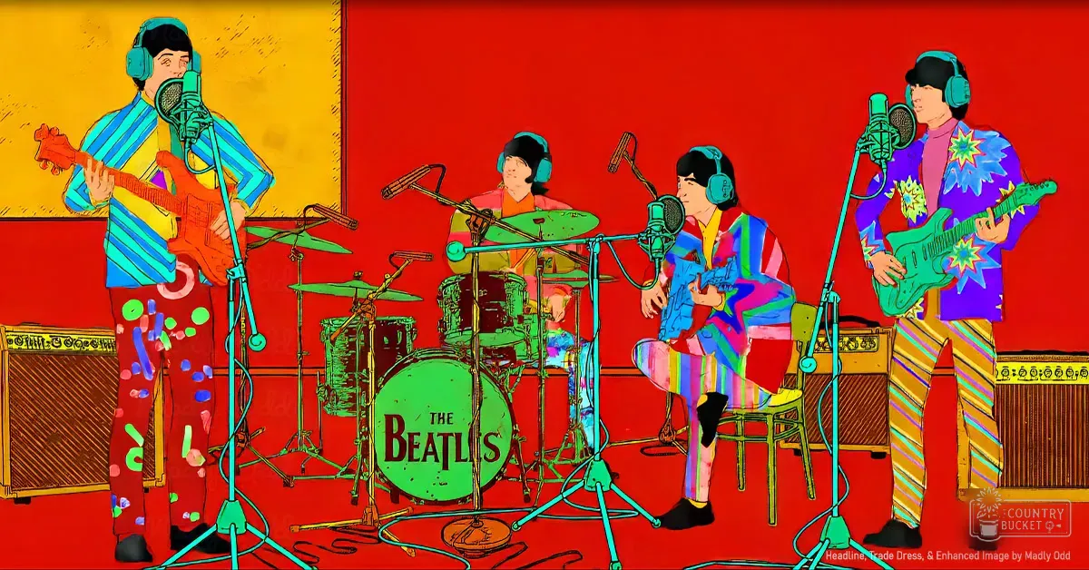 A stylized illustration of 'The Beatles' performing in a recording studio setting with vibrant yellow and red backgrounds.