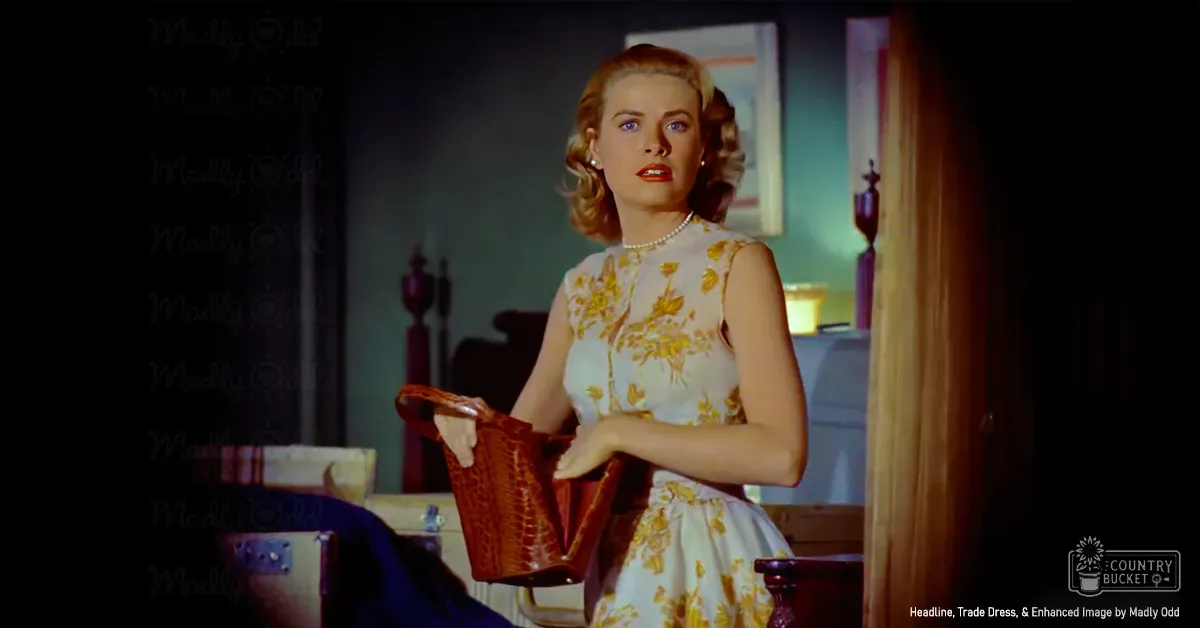 An adult female in a sleeveless floral-patterned dress, holding a textured handbag, indoors with mid-20th-century decor and lighting.