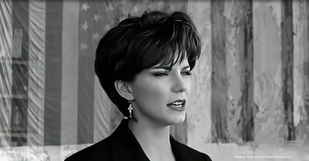 A young adult woman in a dark blazer with a high collar indoors near an American flag against peeling paint on wooden planks.
