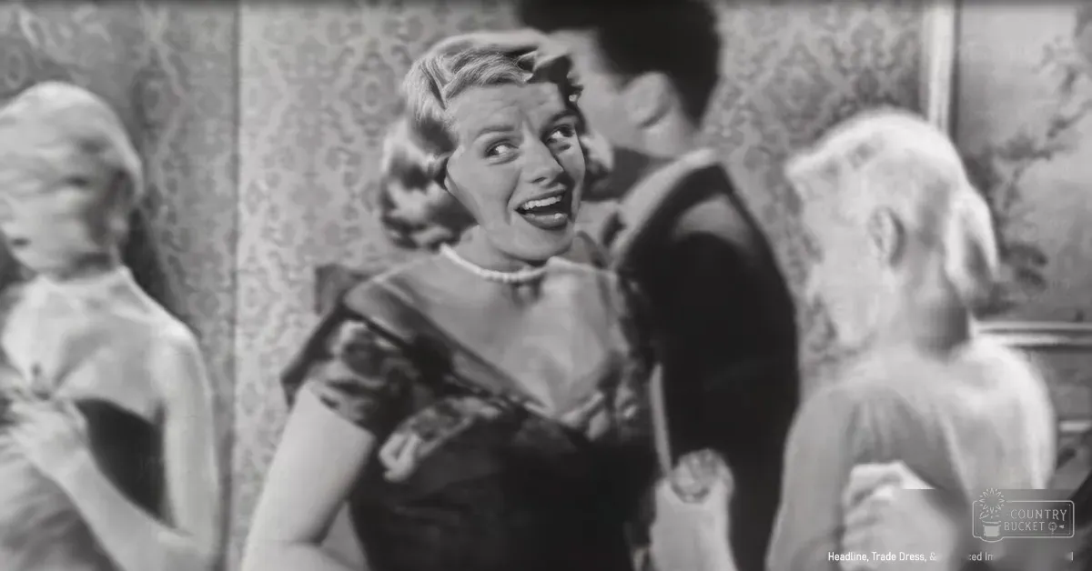 A young adult female wearing a dark dress with a patterned scarf stands indoors next to older adults in period attire, surrounded by floral wallpaper under subdued indoor lighting.
