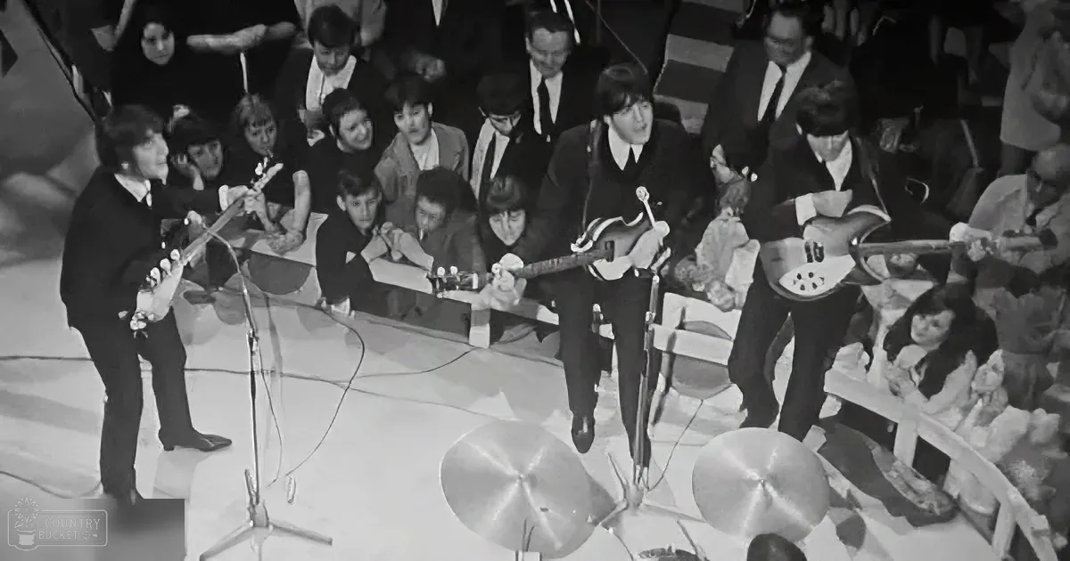 The Beatles perform on stage with guitars and microphones, surrounded by an audience.