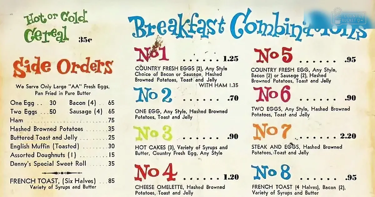 Breakfast menu with combinations, prices, and side orders listed in a vintage style.