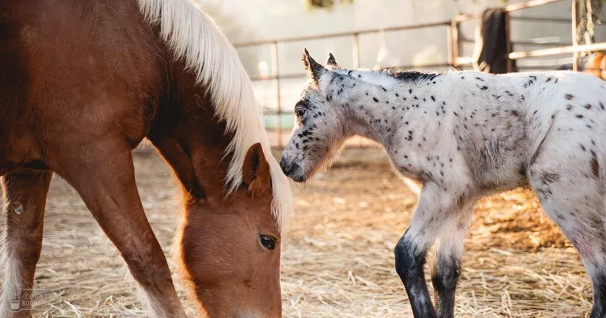 A mare and her foal standing in a wooden-fenced paddock with other horses grazing in the distance under clear skies during spring or summer.
