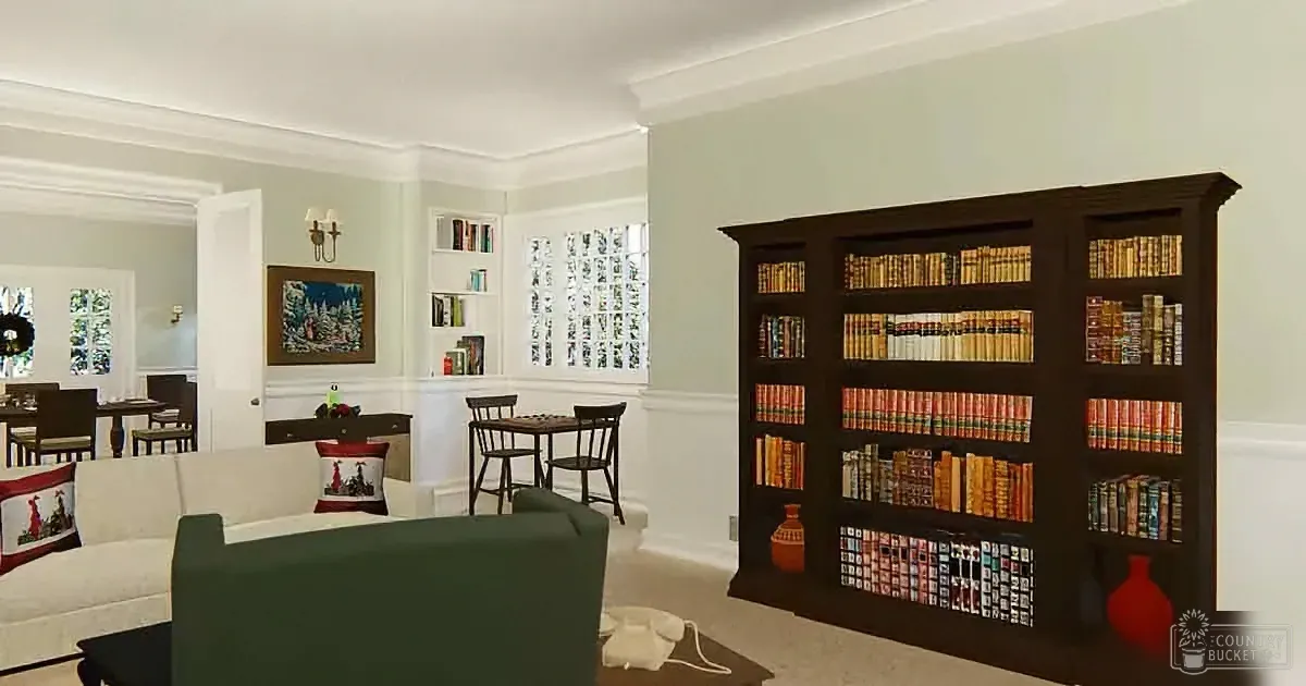 A cozy living room with a large bookshelf, white couch, and a small dining area in the background.