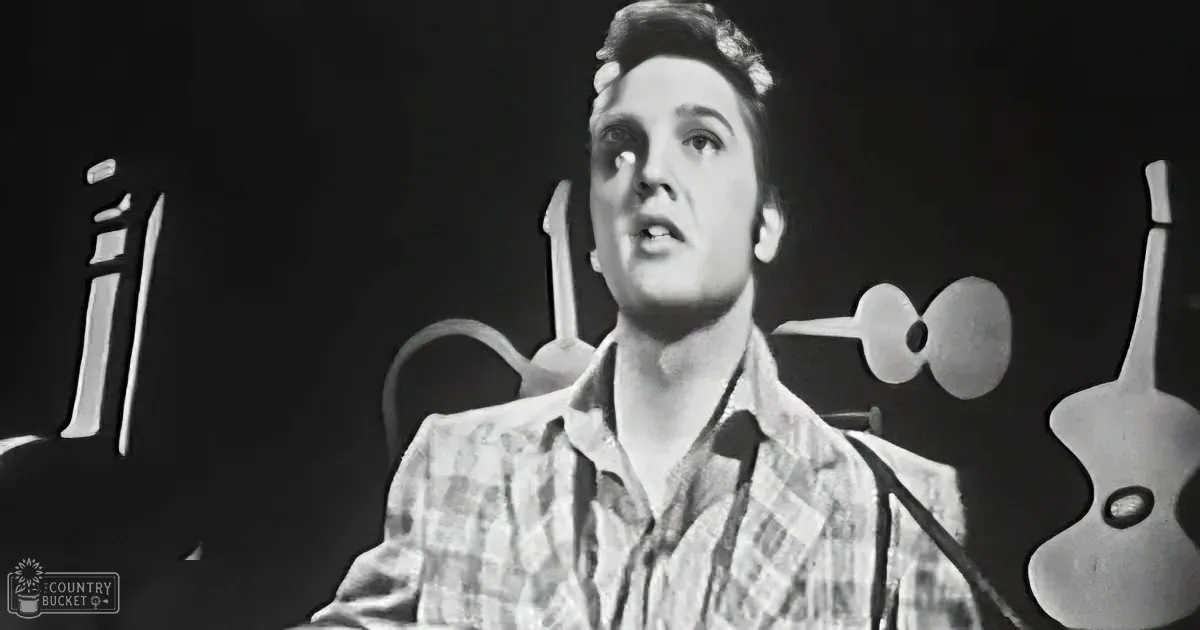 Elvis Presley in a plaid shirt, singing into a microphone, surrounded by musical instruments.