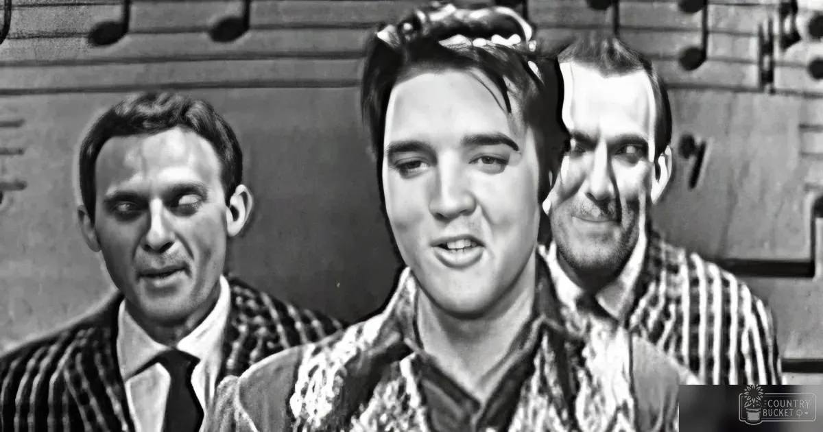 Elvis Presley sings passionately in a black-and-white scene with two men in striped shirts behind him.