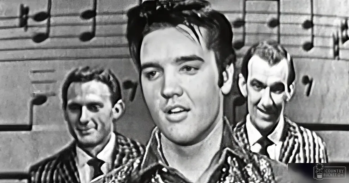 Elvis Presley sings passionately, flanked by two men in plaid shirts, with musical notes in the background.