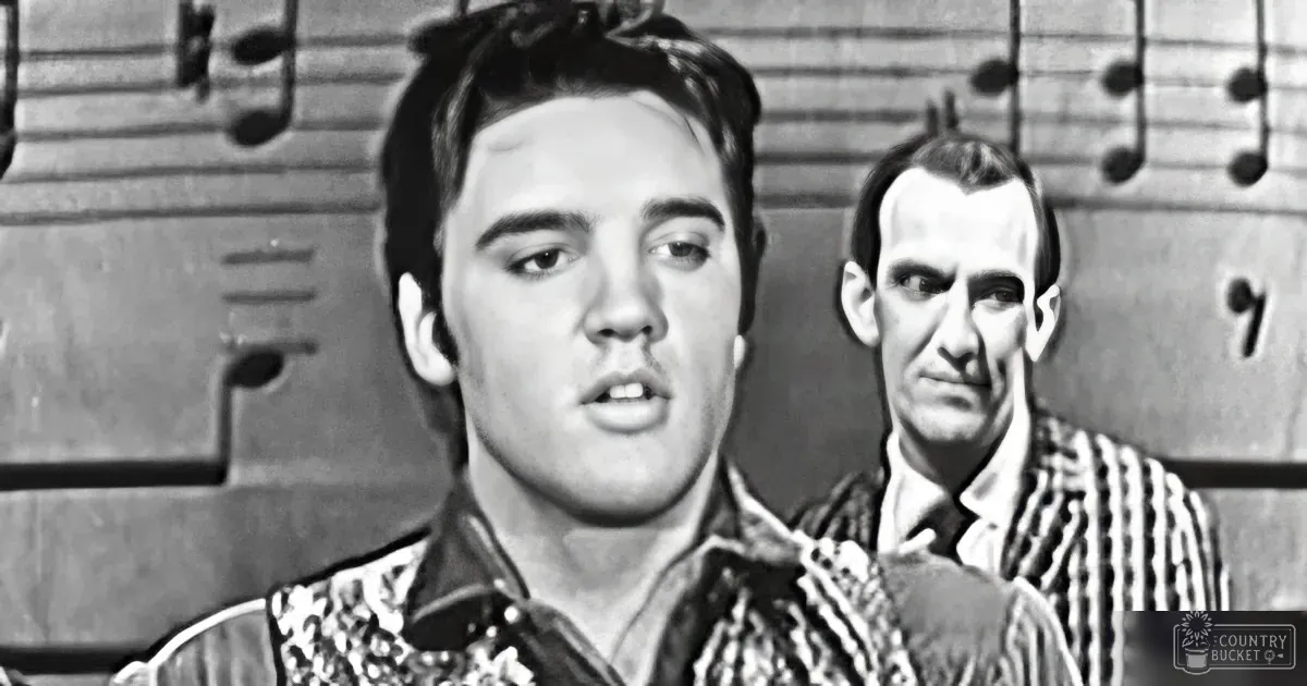 Elvis Presley sings passionately, wearing a patterned shirt, with musical notes in the background.