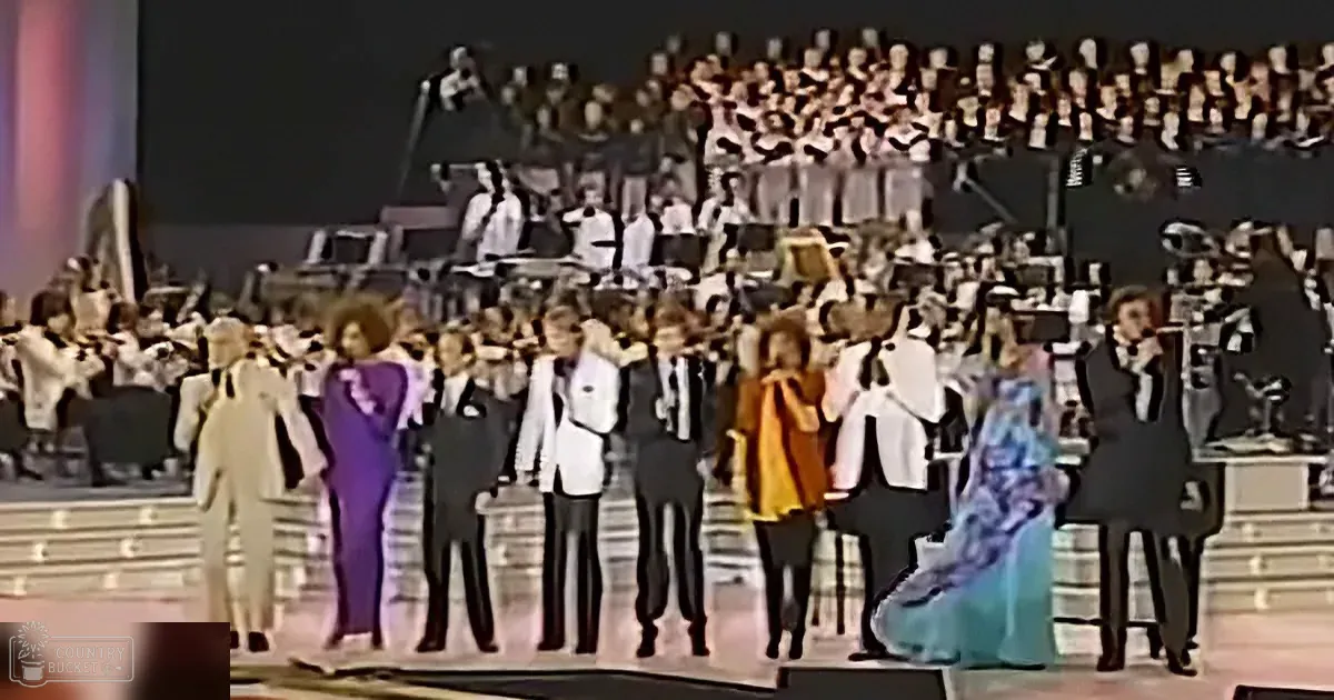 A group of performers in formal attire stands on stage, facing a large choir and orchestra in the background.