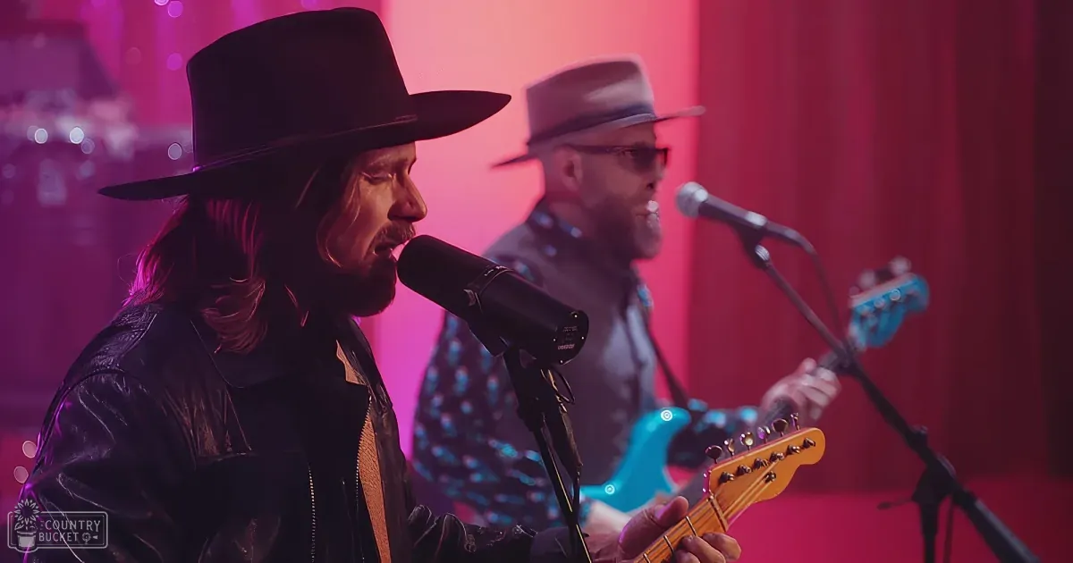 A man in a black hat and leather jacket sings into a microphone, accompanied by another musician playing guitar.
