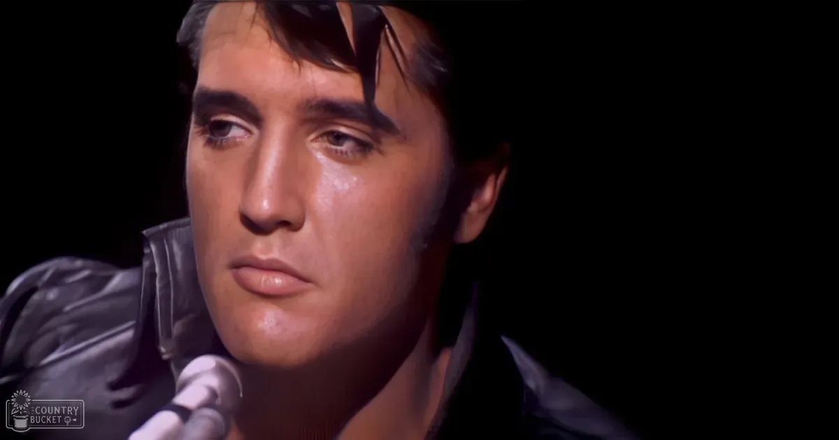 A man in a black leather jacket is singing into a microphone, with a dark background.