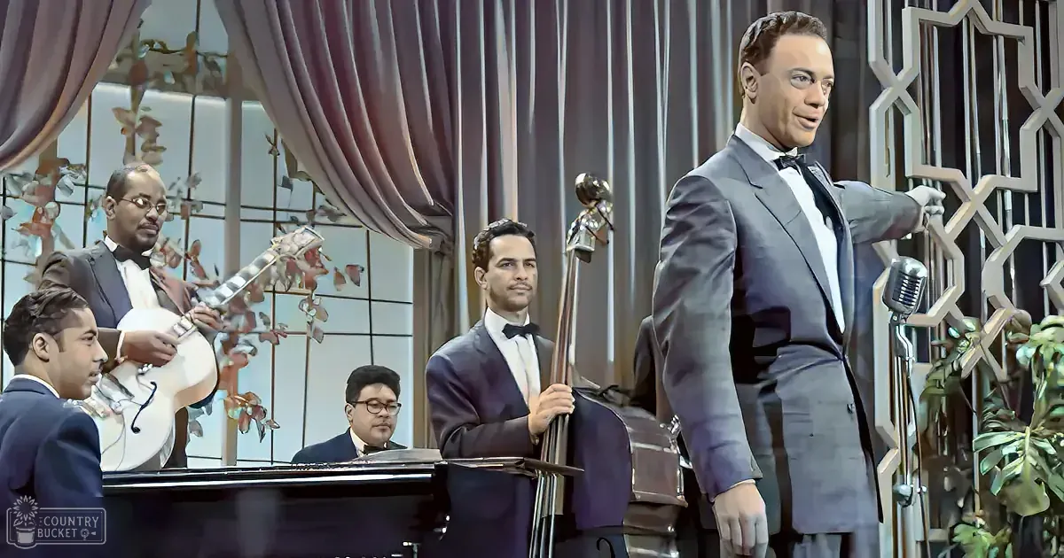 A man in a suit stands confidently, leading a jazz band with a microphone and piano in the foreground.