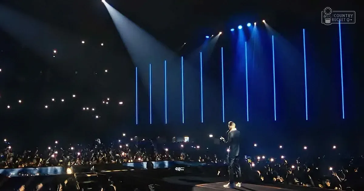 A performer on stage with blue vertical light beams and a crowd holding up lights.