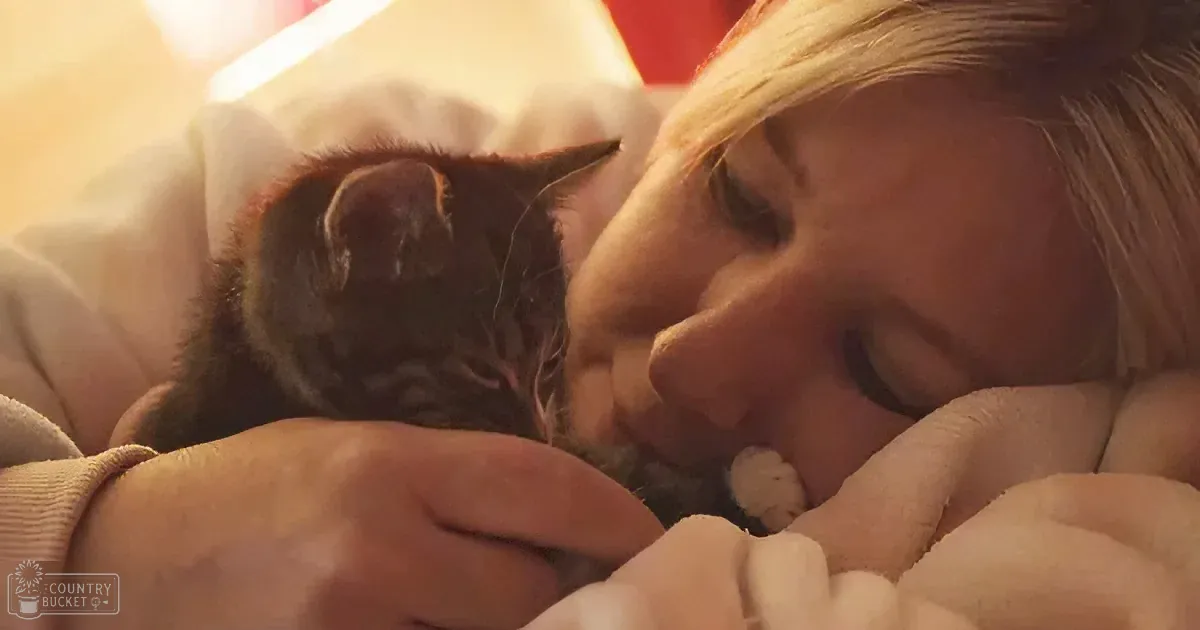 A person gently holds and kisses a small, dark kitten nestled in their arms.