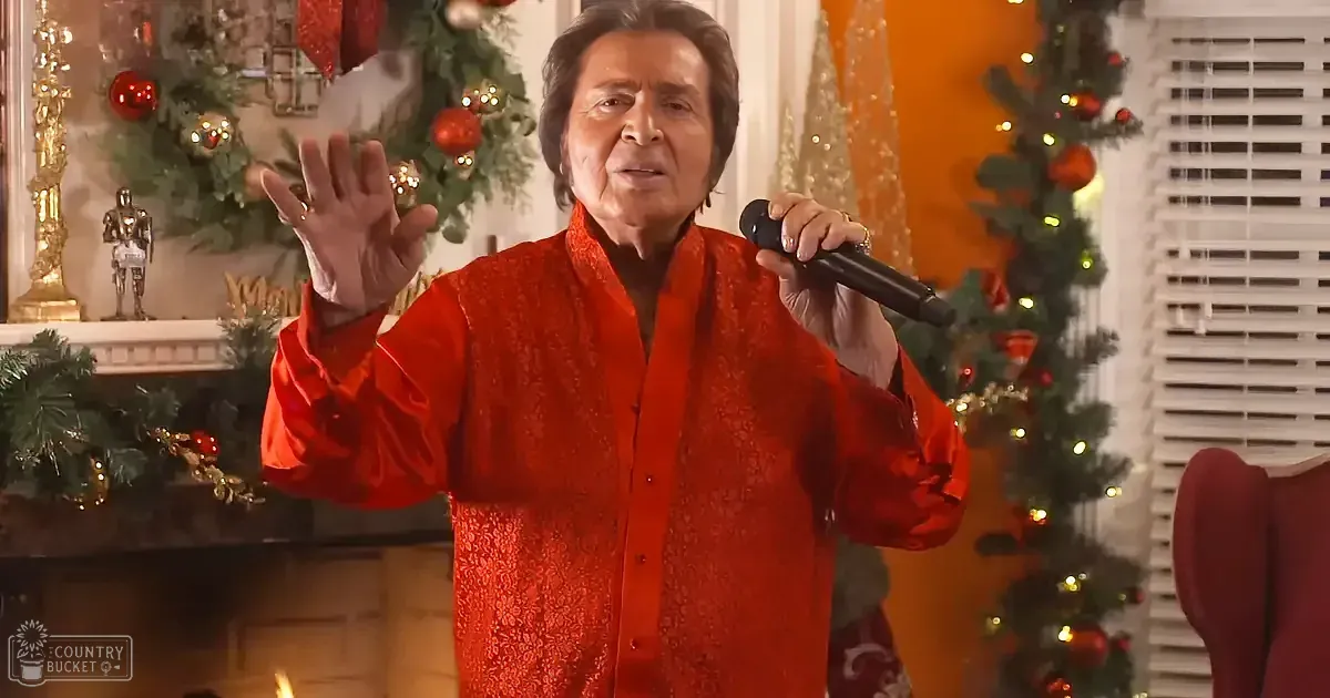 A person in a red patterned shirt sings into a microphone, surrounded by Christmas decorations.