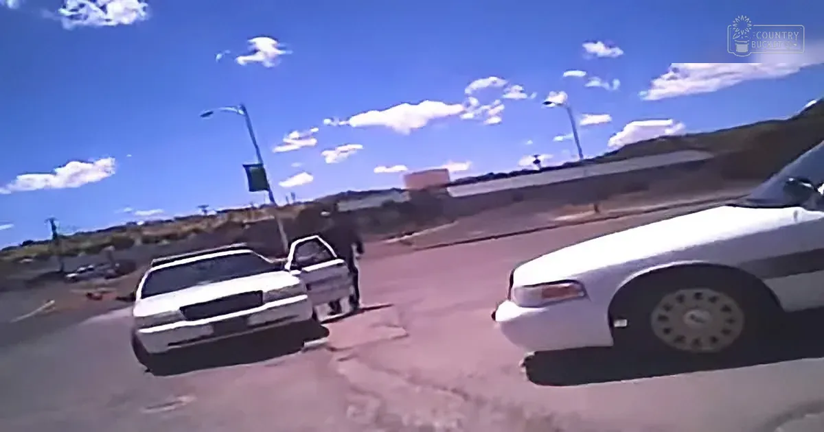 A police car is parked on the side of a road, with another car and a person nearby.