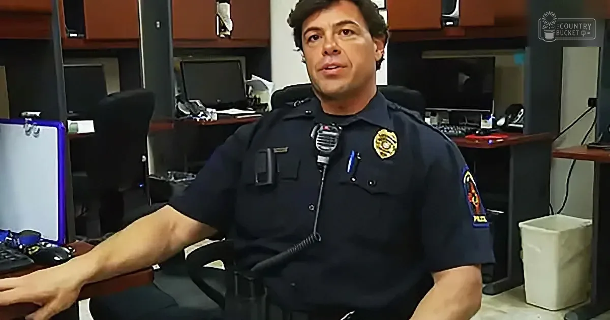 A police officer in uniform sits at a desk in an office, holding a device.