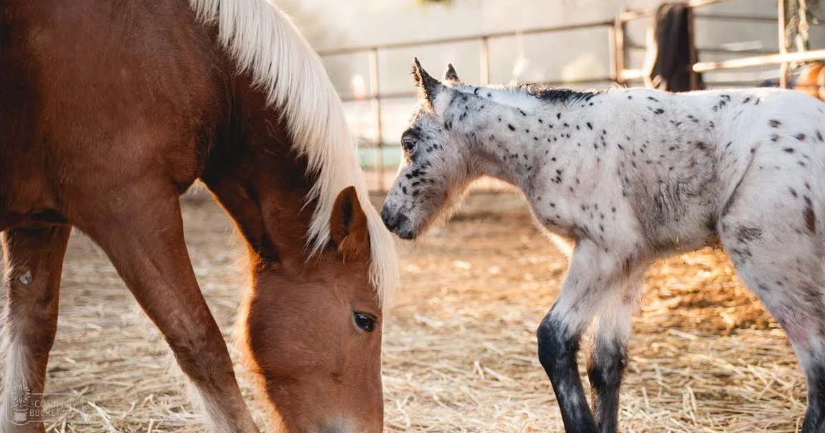 A young foal with white coat and dark spots, standing in a straw-lined paddock or stable surrounded by fencing and greenery. The lighting suggests late afternoon or early evening.