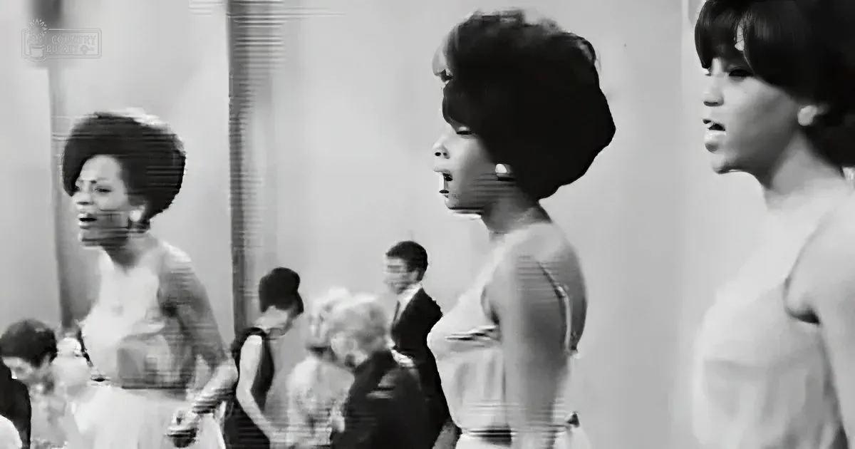 Three women in dresses, one with a large afro, standing in a room with blurred background.