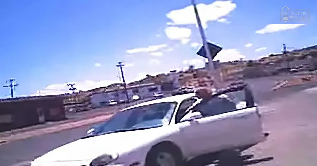 A white car drives on a road with a person in the driver's seat, surrounded by a desert-like environment and a blue sky.